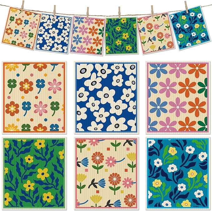6 Packs Swedish Paper Cloths for Kitchen, Reusable Paper Towels Washable Dish Rags, Highly Absorbent Kitchen Towels Quick Drying Swedish Sponge Cleaning Dish Cloths(Colorful Broken Floral)
