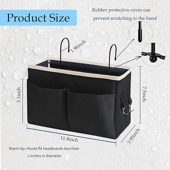 Someteth Bedside Caddy/Bedside Hanging Storage Bag Multi-Function Caddy for Bunk bed Hospital Beds Dorm Bed Rails, Holders Books Glasses Phones Magazine（2pc Black）
