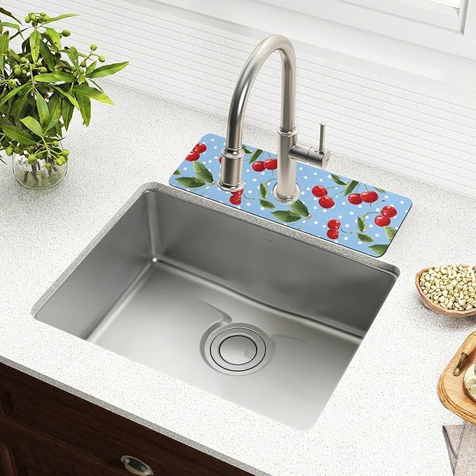 Kitchen Sink Splash Guard 1 PC 30 Inch Sink Faucet Mat Splash Guard for Bathroom Countertop Water Absorbent Foldable Cuttable Soft Washable Light Blue Dots Red Cherry