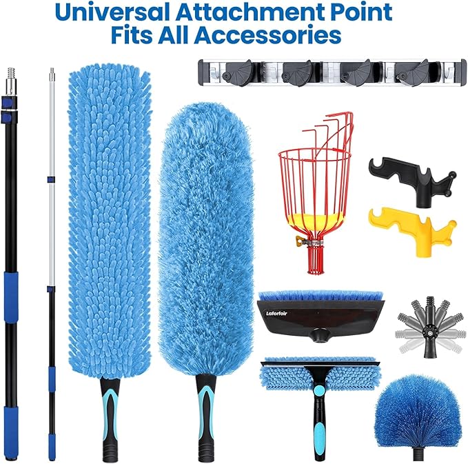 20ft High Ceiling Duster Kits with 5-12ft Heavy Duty Extension Pole - Fan Blade Cleaner, Cobweb Remover & Blue Window Squeegee Kit, Washable Dust Brush for High Roof and Glass Surfaces