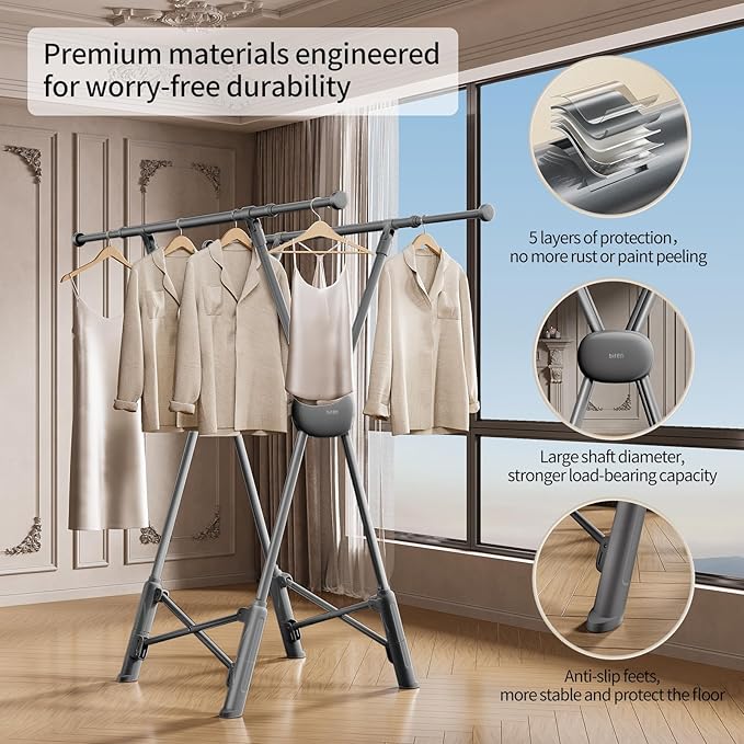 BIREN Clothes Drying Rack Heavy Duty Clothing Racks Foldable Laundry Rack Two Drying Modes Garment Racks for Drying Clothes, Adjustable Length from 32-55 Inches for Indoor Outdoor Use