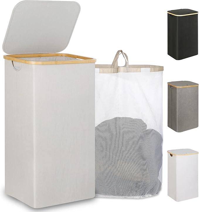 110L Laundry Basket with Lid, Laundry Hamper with Bamboo Handle,Clothes Basket Organizer with Removable Inner Bag for Clothes Toys Towels,Light Grey