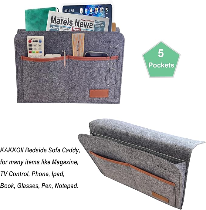 KAKKOII Bedside Caddy, Sofa Caddy, Storage Organizer Pocket for Dorm, Bedroom, 5 Pockets Felt Organizer for Magazine, Remote, Phone, Tablet, Pad, Glasses, Pen, Remote Control (Grey-Short)