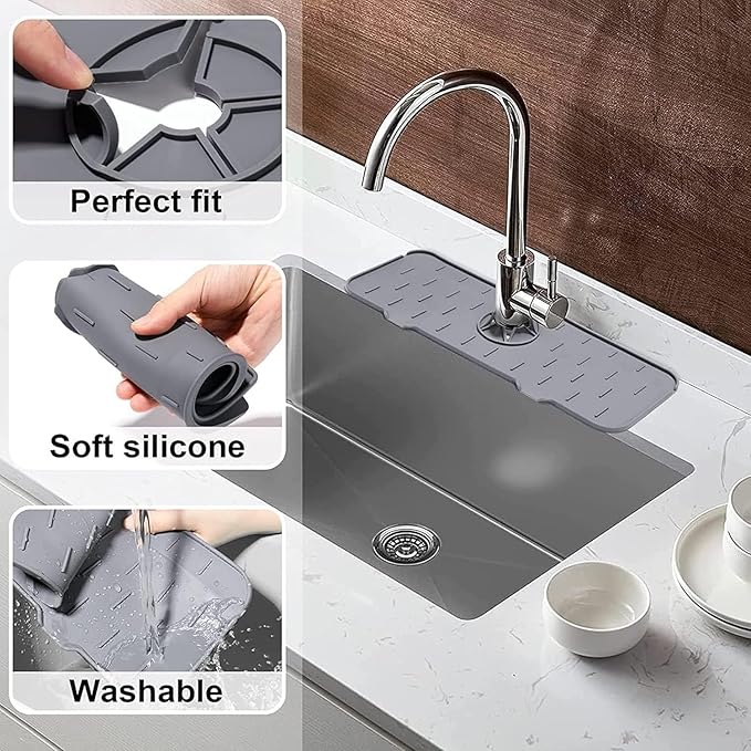 Silicone Sink Splash Guard & Water Catcher Mat for Kitchen Counter - Faucet Drip Tray Protector Prevents Water Damage - Waterproof Non-Slip Kitchen Bathroom Mat, Gray 14.56 x 5.51 Inches