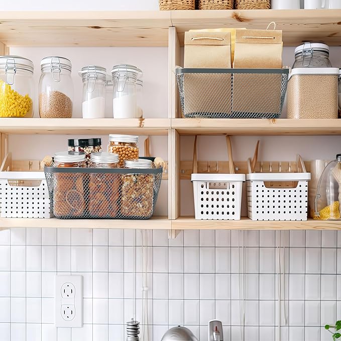 4 Pcs Metal Wire Basket with Wooden Handles Mesh Steel Storage Organizer Bin Containers for Home Organizing Cabinet Pantry Closet Kitchen Fridge Fruit Makeup Snacks Gifts(Small,Dark Gray)