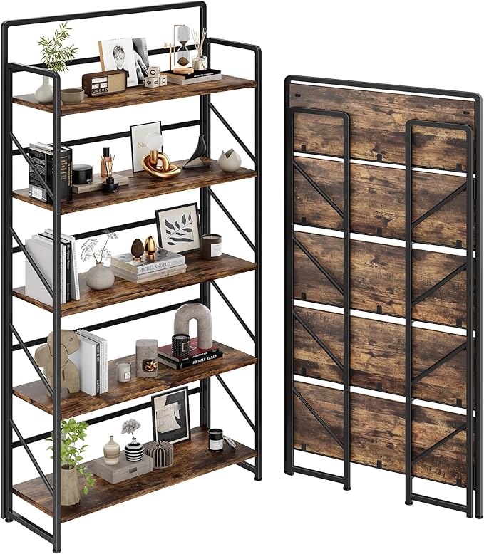 JSB Folding Bookshelf,Industrial Storage Shelves, No Assembly Vintage Wood Look Bookshelf with Storage Shelves for Living Room, Bedroom, Office (Fire Brown, Wide 5-Tier)