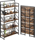 JSB Folding Bookshelf,Industrial Storage Shelves, No Assembly Vintage Wood Look Bookshelf with Storage Shelves for Living Room, Bedroom, Office (Fire Brown, Wide 5-Tier)
