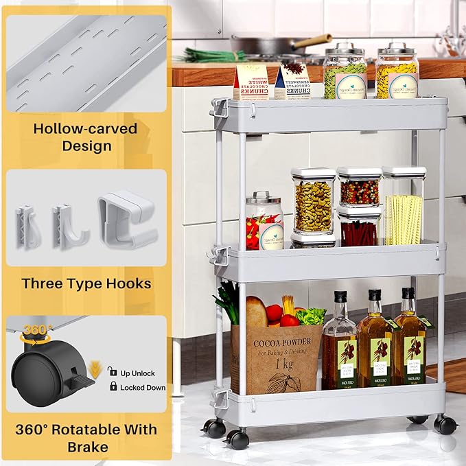 SPACEKEEPER Slim Rolling Storage Cart, 3 Tier Storage Organizer Laundry Room Organizer Mobile Shelving Unit, Multi-Purpose for Kitchen Office Bathroom Laundry Narrow Places, Gray