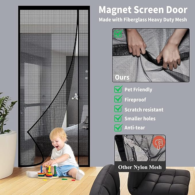Reversible Left or Right Side Opening Magnetic Screen Door, Narrow Durable Fiberglass Mesh Curtain Hands Free for Patio, Bedroom, Fits Door Size 38" x 82", Black