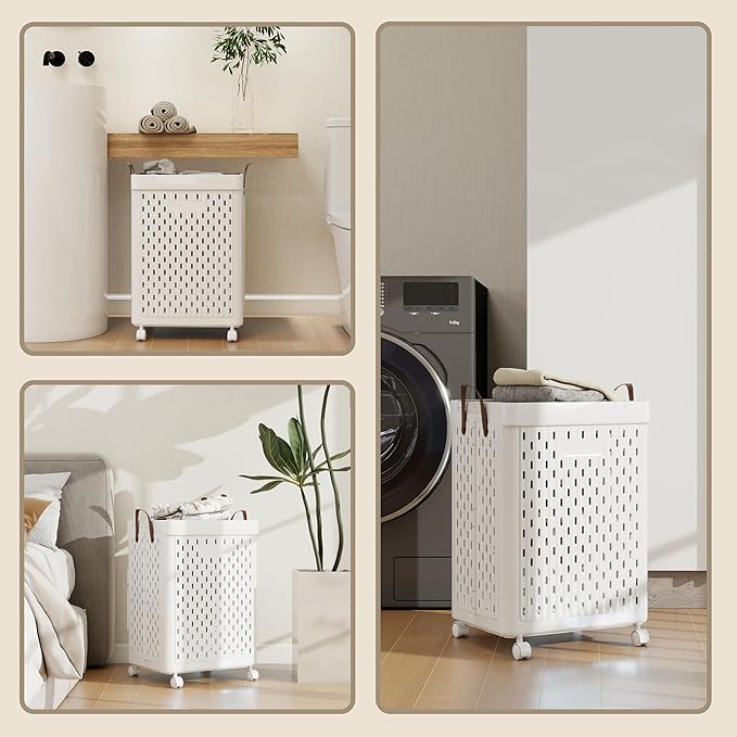 UAK 67L Plastic Laundry Basket with Wheels & Handle, Heavy Duty Foldable Laundry Hamper – Easy Clean Waterproof Rolling Organizer for Bathroom & Laundry Room, White