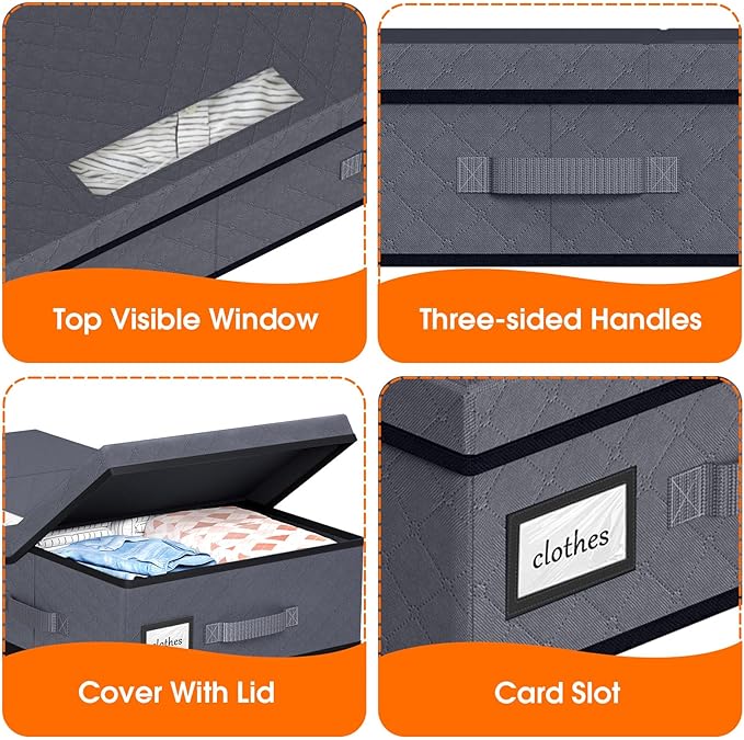 Under Bed Storage Containers with Lids - 3 Pack, Foldable and Stackable Clothes Storage Bags with Clear Window, 3-Sided Handles and Label Slot for Clothing, Blankets, Pillows (Grey)
