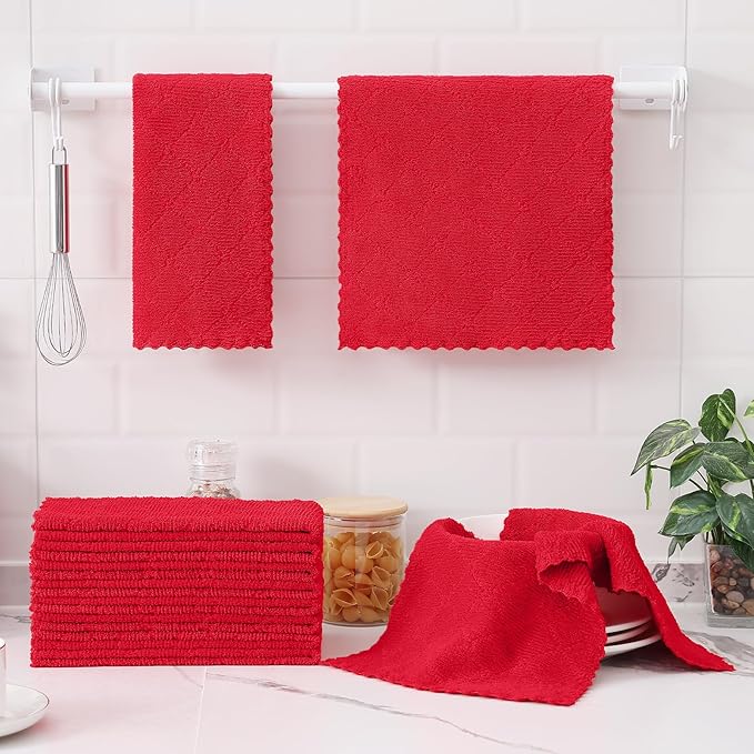 Homaxy 24 Pack Dish Towels for Kitchen (10 x 20 Inches, Red), Super Soft and Absorbent Coral Velvet Dish Cloths for Washing Dishes, Nonstick Oil Fast Drying Microfiber Cleaning Cloth