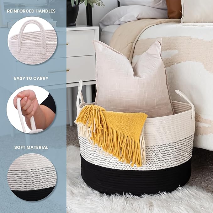 OrganiHaus Large Woven Storage Basket for Blankets and Toys 20" x 13" Inch, Rope Laundry Basket with Handles, Cushions & Pillows Storage Bin, Nursery Hamper, Soft Round Dog Toy Bin - Black/Off-White