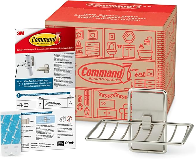 Command Soap Dish for Shower, Damage-Free Hanging, No Tools Soap Holder for Holiday Guests, 1 Satin Nickel Dish and 2 Water-Resistant Strips