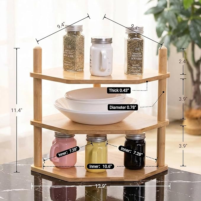 3 Tier Expandable Bamboo Corner Shelf - Dish/Plate Organizer for Cabinet, Kitchen Counter Shelf & Small Kitchen Shelf, Adjustable (1, 3Tier-3.9" H)