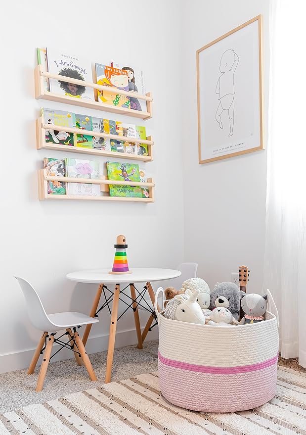 OrganiHaus Large Woven Storage Basket for Blankets and Toys 20" x 13" Inch, Rope Laundry Basket with Handles, Cushions & Pillows Storage Bin, Nursery Hamper, Soft Round Dog Toy Bin - Pink Stripe
