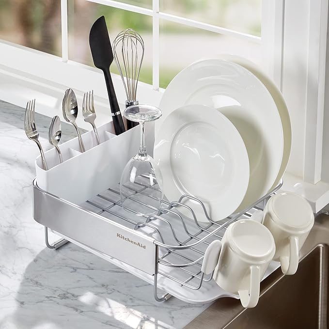 KitchenAid Compact Satin Wire Rust Resistant, Expandable Dish Rack with Angled Self Draining Drainboard with Removable Flatware Caddy, 23.18-Inch, Gray