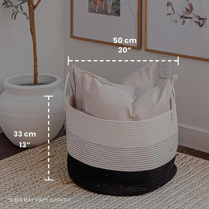 OrganiHaus Large Woven Storage Basket for Blankets and Toys 20" x 13" Inch, Rope Laundry Basket with Handles, Cushions & Pillows Storage Bin, Nursery Hamper, Soft Round Dog Toy Bin - Black/Off-White