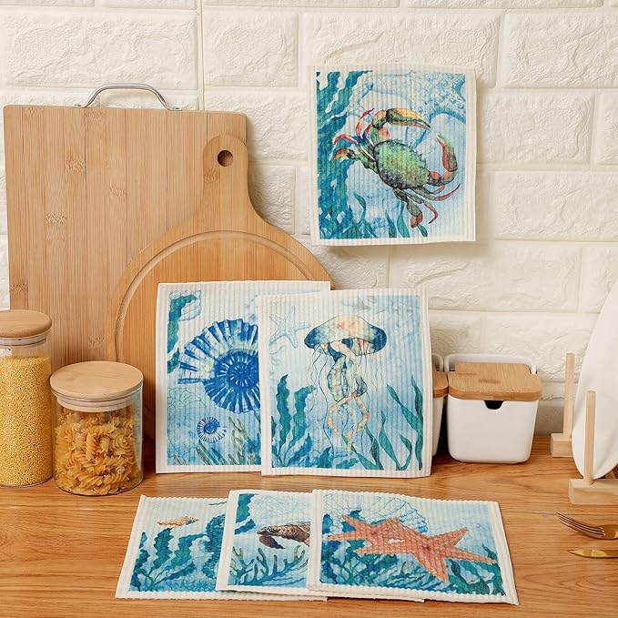 6 Pcs Swedish Kitchen Dish Towels Kitchen Cloths Reusable Sponge Cleaning Cloths Absorbent Dish Cloth Quick Drying Washable Cleaning Wipes No Odor Hand Towel (Marine Life)