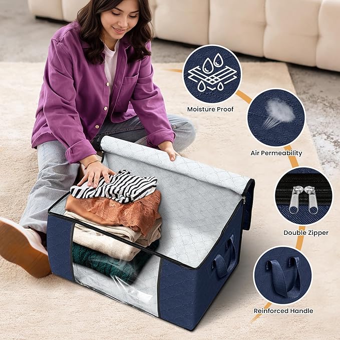 Fab totes Storage Bags,Clothes Blanket Storage Bins Foldable Closet Organizers with Reinforced Handle for Home Dorm Storage and Organization,Fabric Bags for Organizing Sheets,Clothing (Blue,8 Pack)