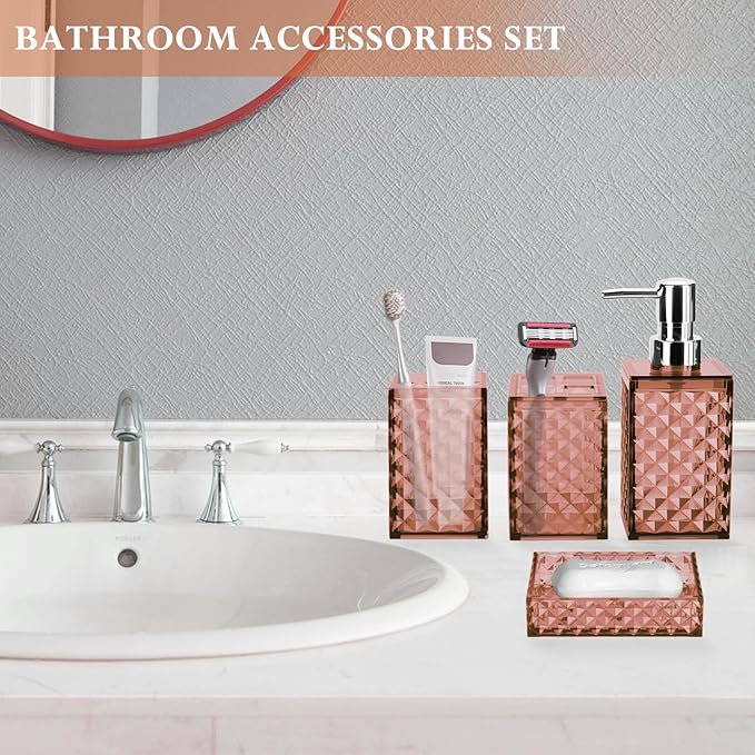 Bathroom Accessory Set, Grid Pattern 4 Pcs Plastic Bathroom Set Include Soap Dispenser, Soap Dish, Toothbrush Holder, Mousewash Cup, Modern Bahtroom Décor Set(Orange)