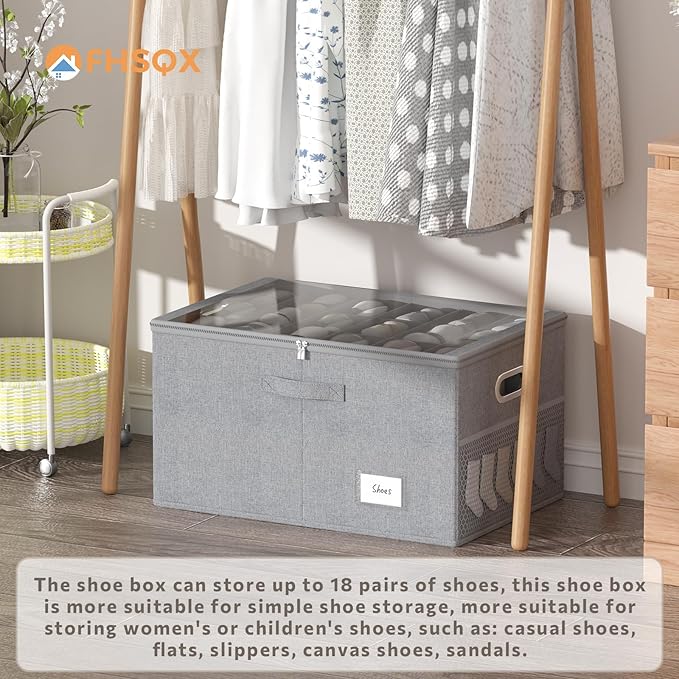 Shoe Organizer for Closet, Shoe Box Storage Containers Fit 18 Pairs Foldable Shoe Storage Bins with Clear Cover & Adjustable Dividers for Shoes Blankets Linen Clothing (Grey, (24.4*16.5*12.9)x1)