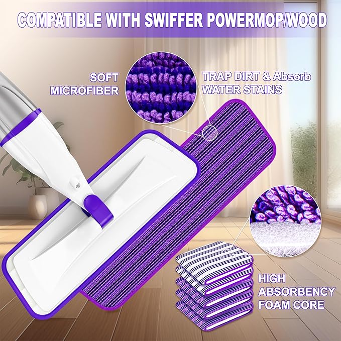 Spray Mops for Hardwood Floor Cleaning: EXEGO Wet Mops with 5 Microfiber Refillable Pads for Swiffer Powermop - Floor Mop with Sprayer Dust Dry Mopping Tools for Tile Wood Laminate Vinyl Marble