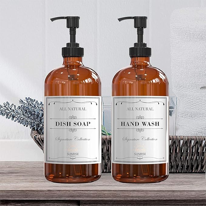 16 OZ Thick Amber Glass Soap Dispenser with Pump 2 Pack, Hand and Dish Soap Dispenser Set for Bathroom with 6 Waterproof Labels