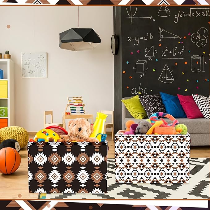 Boao 3 Pack Western Aztec Geometric Storage Bins, Large Foldable Canvas Gift Baskets with Handles, Boho Rustic Laundry Basket for Nursery Home Office Organization, Closet, Bedroom & Living Room Decor