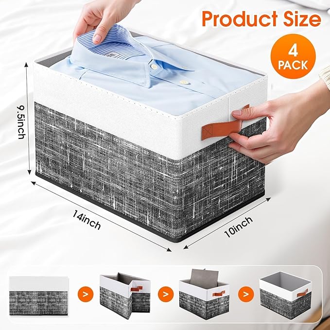 Fab totes Collapsible Storage Baskets for Shelves,14"x10", 4 Pack Foldable Fabric Storage Bins with Double Leather Handles, Large Baskets for Organizing Books, Clothes, White & Black