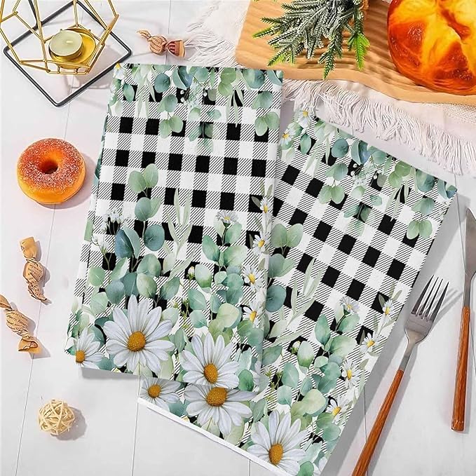 Kitchen Towels Set of 4, Green Eucalyptus Leaves Soft Microfiber Dish Towels, Summer Botanical Daisy Black Plaid Absorbent Washable Dishcloths for Kitchen Cleaning, Drying Dishes, 18x28 Inches