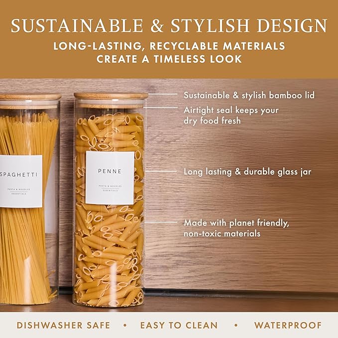 Livabl Set of 3 Glass Pantry Storage Containers with Lids- 12 Pantry Labels– (70oz) Glass Canisters with bamboo lids-Perfect Rice, Cereal, Flour, Pasta, Oats, food storage -Airtight-kitchen canisters
