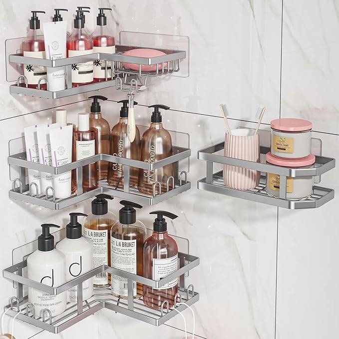 4-Pack Adhesive Corner Shower Caddy with Soap Holder, No Drilling Wall Mounted Shower Shelves-Rustproof, Organizer for Bathroom, Kitchen & Home Decor. Silver