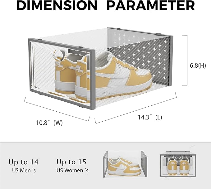 Pinkpum XXL Shoe Storage Box Fit for Size 14, Clear Plastic Stackable Shoe Organizer for Closet 12 Pack, Shoe Containers Sneaker Storage Grey