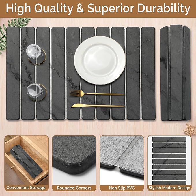 Large Stone Dish Drying Mat for Kitchen Counter, Quick Dry Stone Dishes Mats,Foldable Water Absorbing Diatomaceous Earth Drying Organizer Pad for Plate Rack Bottles Utensils(Dark Gray 24"×16" & 8"x4")