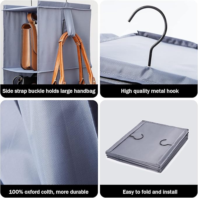 Bag Rack for Closet - Hanging Purse Organizer Handbag Storage Bags Holder 2Pack 8 Shelves Keep Organized Grey