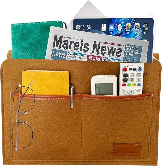 KAKKOII Bedside Caddy, Sofa Caddy, Storage Organizer Pocket for Dorm, Bedroom, 5 Pockets Felt Organizer for Magazine, Remote, Phone, Tablet, Pad, Glasses, Pen, Remote Control (Brown-Short)
