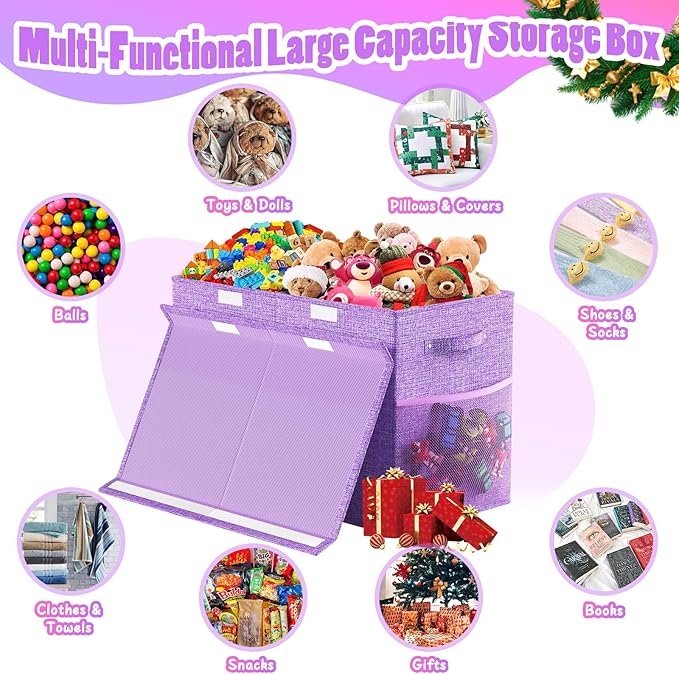 Large Toy Storage Box with Lid Divider, Sturdy Collapsible Toys Organizer Chest Kids Storage Bins Boxes Baskets for Boys, Girls, Nursery, Bedroom, Living Room, Playroom, 25"x13"x16", Purple