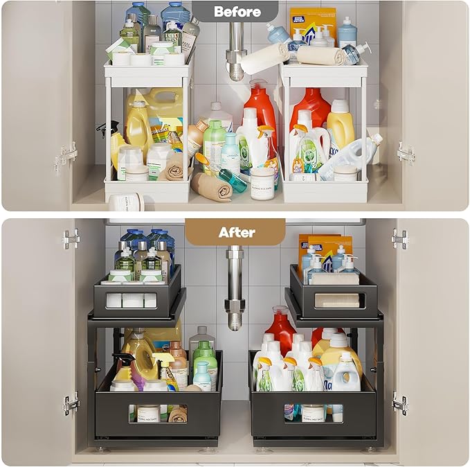 Corbyles 2 Pack 18.5IN-Depth Under Sink Organizer With Next-Gen Ball-Bearing Slides,2-Tier Pull Out Cabinet Storage,Height Adjustable Drawer Shelf for Bathroom,Kitchen,Laundry,Cabinet,Pantry-Black