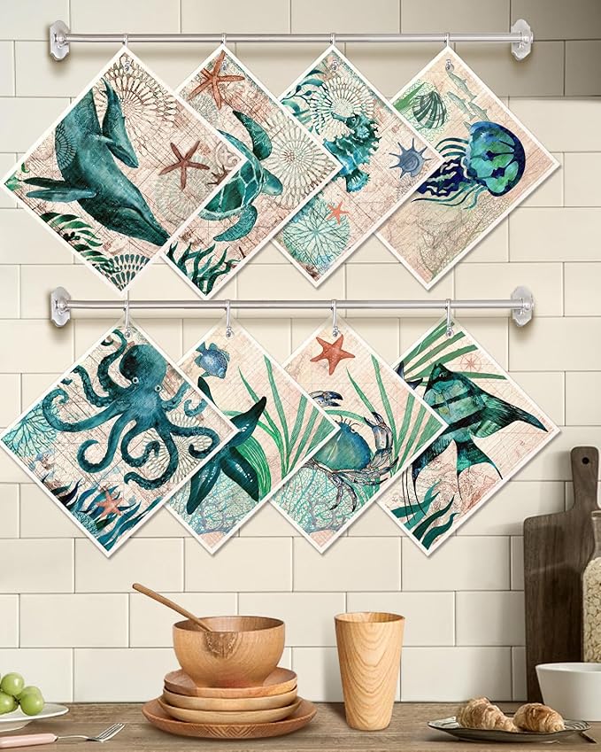 8 Pack Reusable Kitchen Swedish Dishcloths for Washing Dishes Absorbent Fast Drying Cleaning Sponge Cloths Cute Design Decorate Washable Swedish Towels, Blue Sea