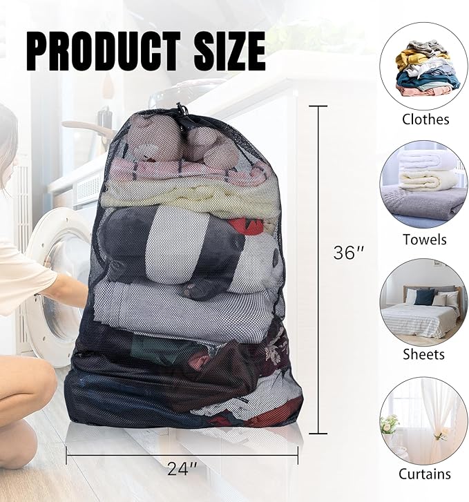 2 Pack Mesh Laundry Bags, Large Mesh Laundry Bag 24"x 36", Durable Net Travel Laundry Bags for Home, Dorm, Apartments, Laundromat Black