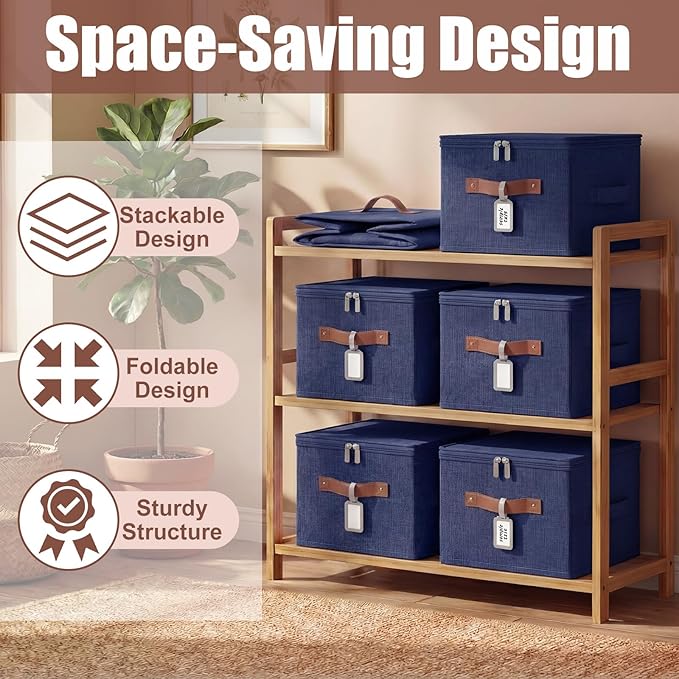 Fiwochic 6 Pack Fabric Storage Bins with Lids, 10×8×7Inch Foldable Cotton Linen Storage Boxes with PU Leather Handles and Label Holders for Closet, Bedroom, Shelf, Nursery, Dark Blue