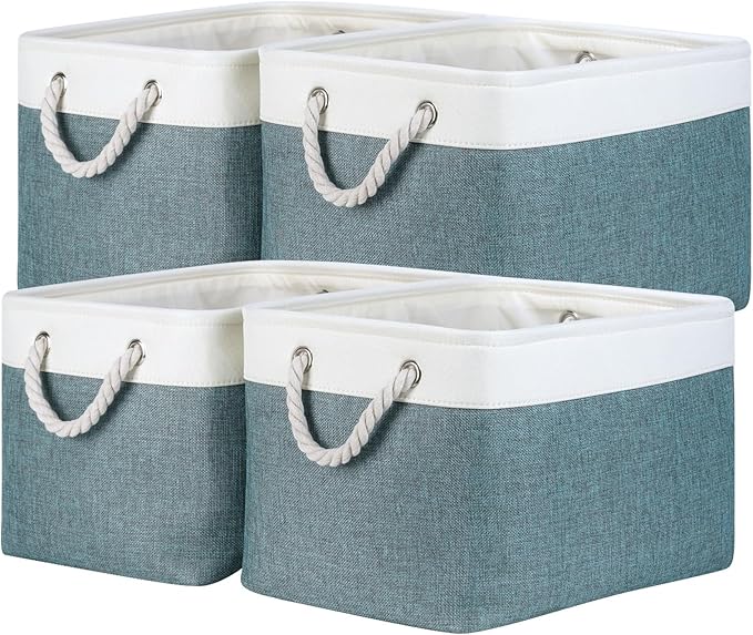 Temary Storage Baskets for Shelves 4 Pack Fabric Rectangle Baskets for Organizing Toys, Clothes, Decorative Bins with Handles (15 * 11 * 9.5"-White&Dark Green)