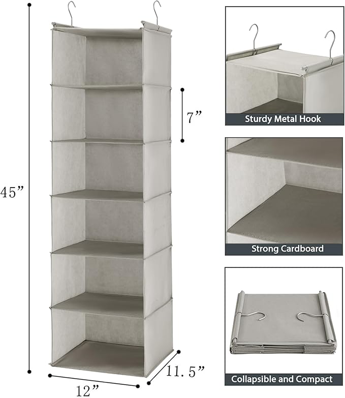 MAX Houser 6 Tier Shelf Hanging Closet Organizer, Closet Hanging Shelf with 2 Sturdy Hooks for Storage, Foldable (Light Grey)