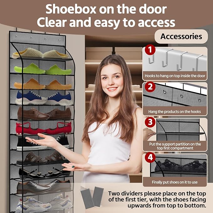 PAULONE 12 Pocket Over the Door Shoe Organizer,Reusable Breathable Large Mesh Bag Men's & Women's Sneaker Organizer,Shoe Organizer for Kids,Hanging Shoe Storage Hanging Bag (Gray)