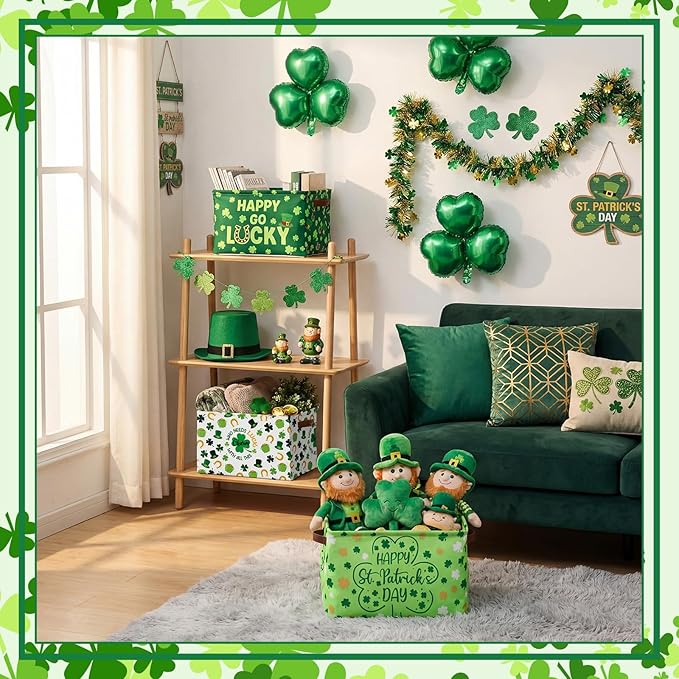 Boao 3 Pack Saint Patrick's Day Storage Baskets for Gifts Empty Collapsible Large Lucky Clover Storage Bins, Canvas Laundry Basket with Handle for Office Home Bedroom Clothes Toys, Irish Holiday Decor