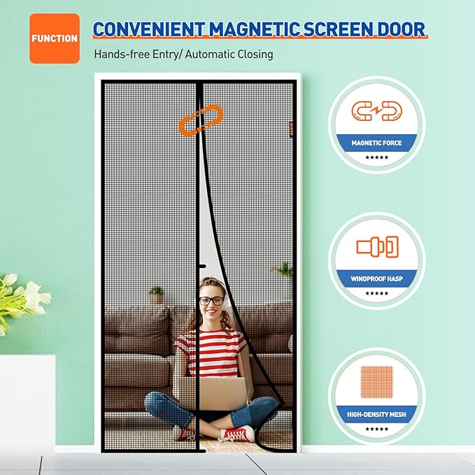 MAGZO Magnetic Screen Door Fit Door Size 32 x 82 Inch, Screen Size 34" x 83" Strong Magnet Door Mesh with Reinforced Hook & Loop for Patio Door, Front Door, Doorway, Black