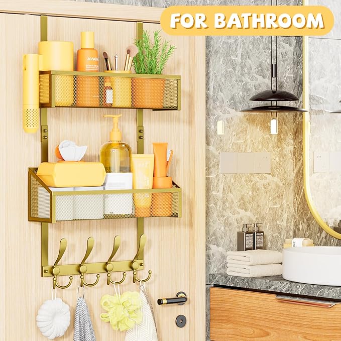 Kaiferty Over The Door Hooks Organizer, Coat Rack Over The Door Storage Hanger Towel Rack, Back of Door Storage Organizer for Bathroom,Bedroom,Kitchen,Office (Gold, 3-Tier)