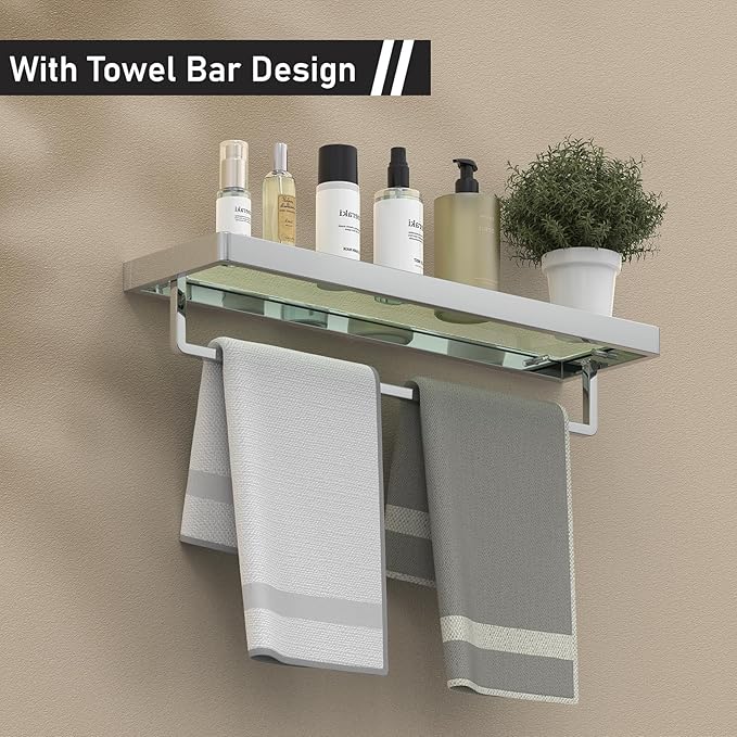 SFGSOWOR Bathroom Shelves Glass Bathroom Shelf with Towel Bar, Floating Shelves for Living Room/Study Room Tempered Glass Rectangular 1 Tier Organizer Wall Shelf (Chrome Polished, 20'')