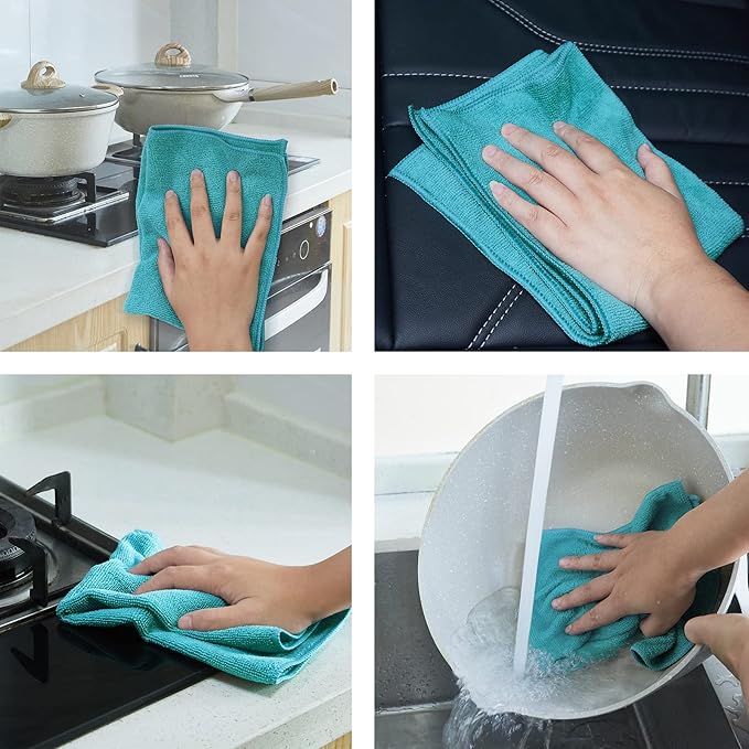 Microfiber Cleaning Cloths for Kitchen and Cars,Reusable and Washable,Pack of 24,Blue/White/Grey, 16" L x 12" W (24)